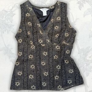 Allison Taylor Silk Black & Cream Floral V-Neck Tie Back Sleeveless Blouse